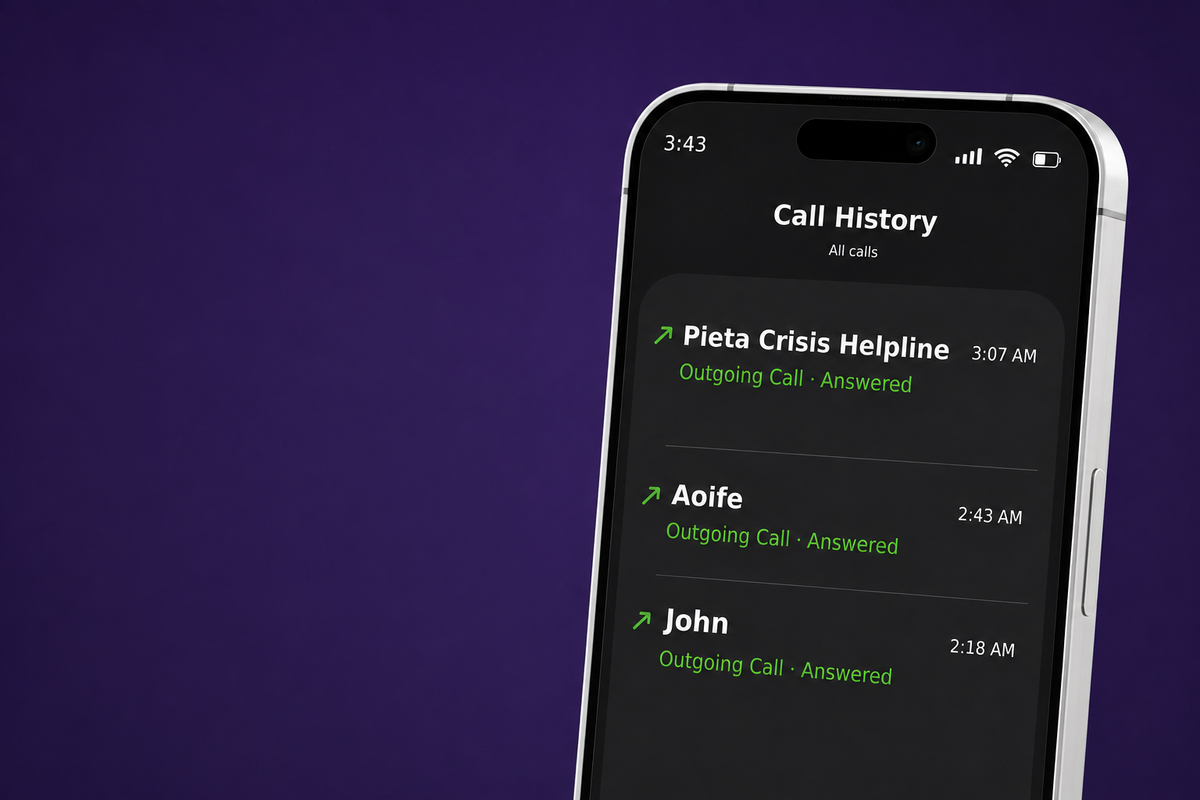 Smartphone screen showing call history with recent outgoing calls to "Pieta Crisis Helpline," "Aoife," and "John," all answered.